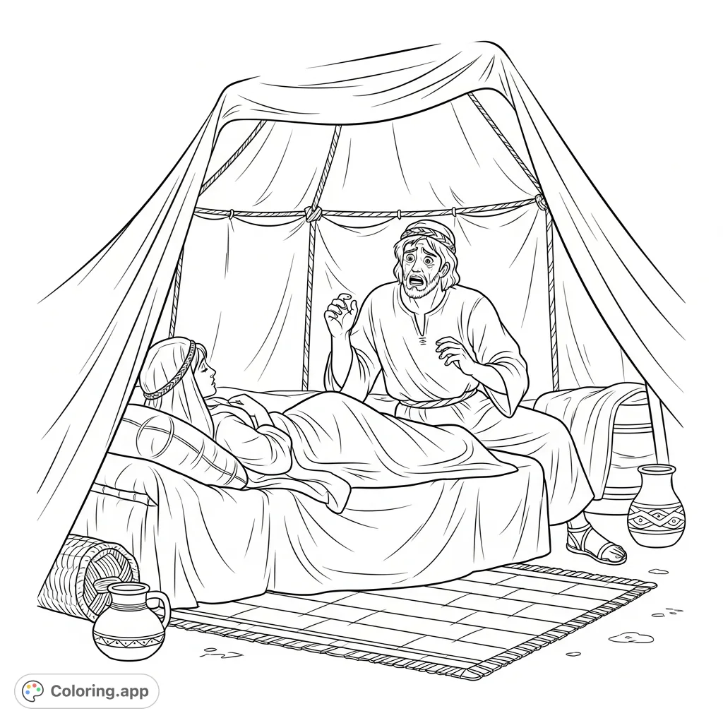 Jacob awakens in a tent to a shocking revelation, finding Leah beside him instead of Rachel. A dramatic ancient scene for a captivating coloring experience.