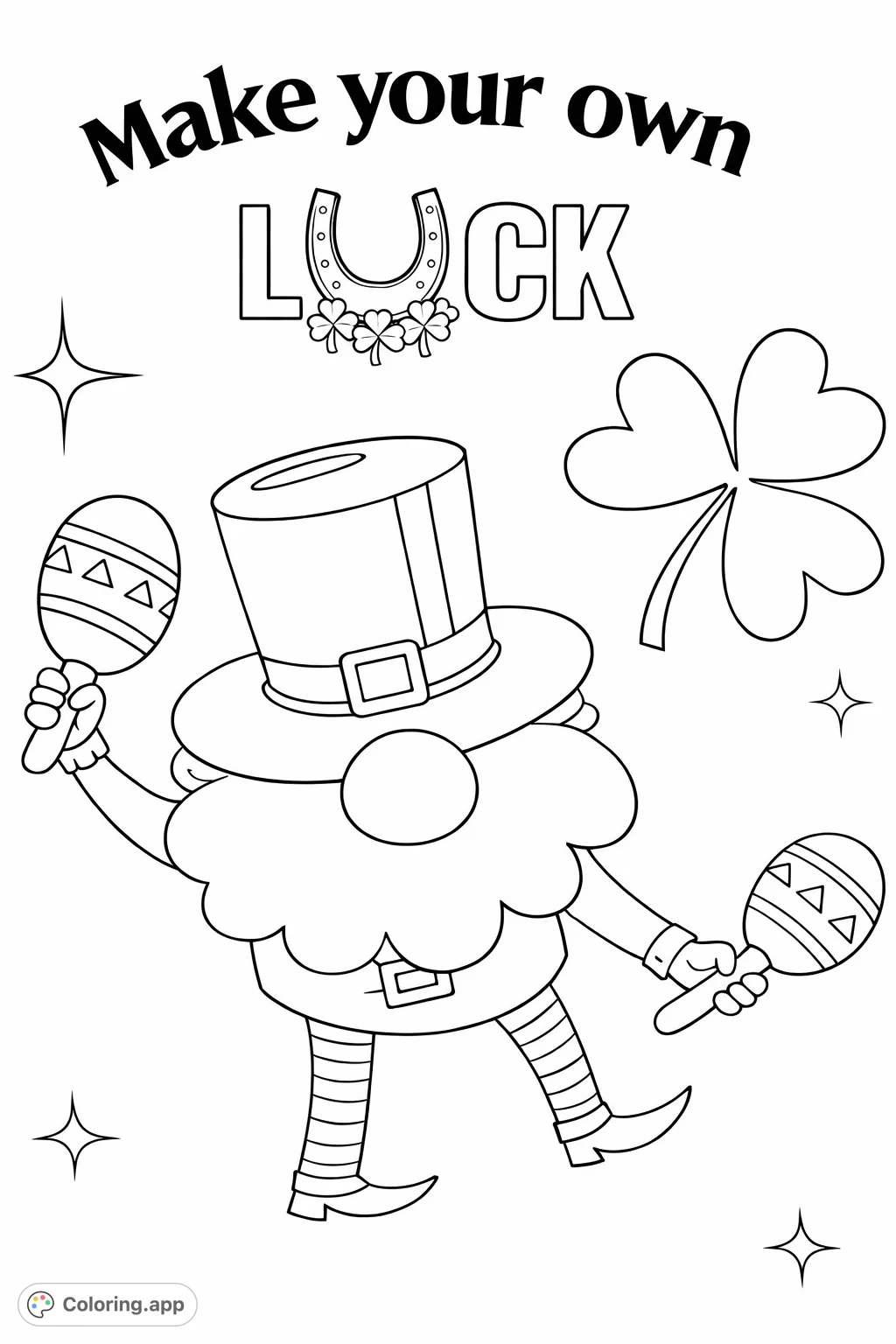 Celebrate good fortune with this charming leprechaun dancing with maracas, surrounded by lucky symbols. A fun, whimsical page for all ages!