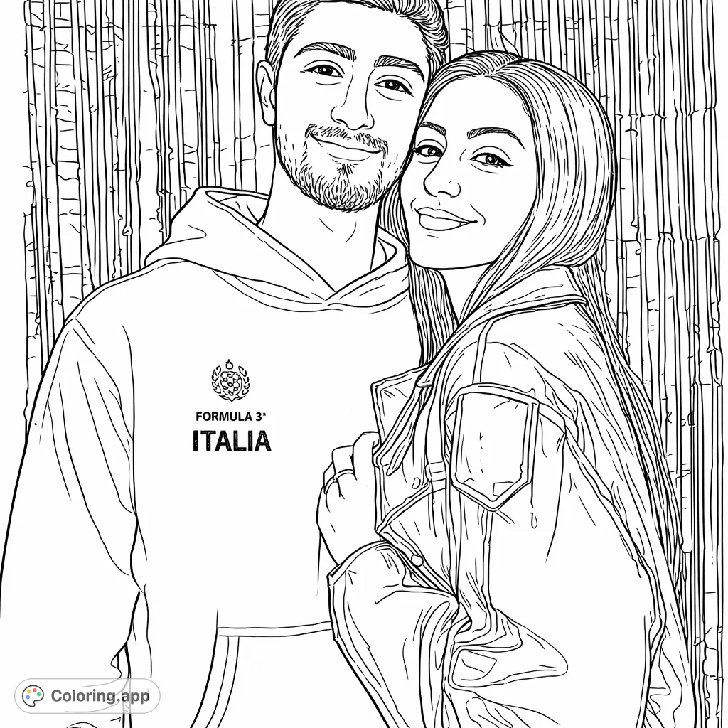 A heartwarming depiction of a smiling couple in a close embrace, set against a festive, textured background. Features detailed clothing and expressions for coloring.