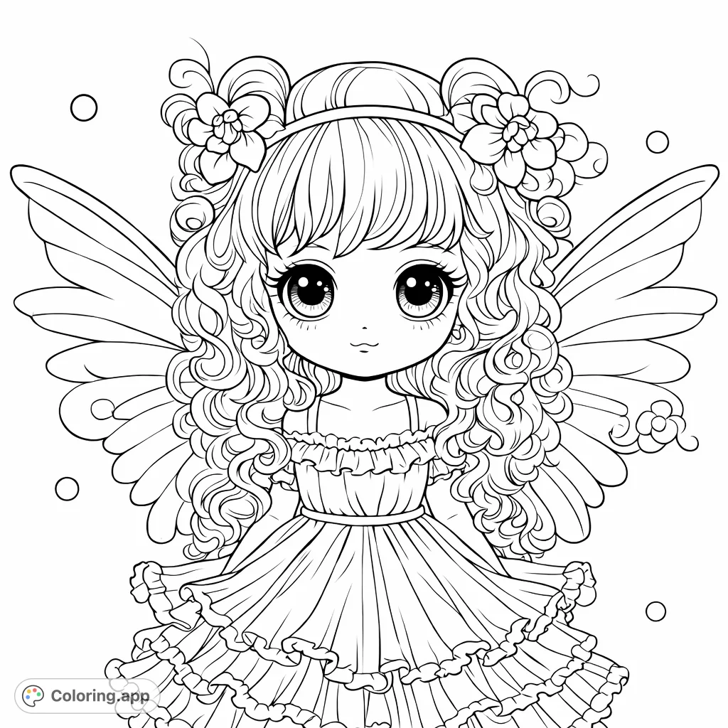 A charming chibi fairy with big eyes, curly hair adorned with flowers, and delicate wings, ready to be brought to life with your favorite colors.