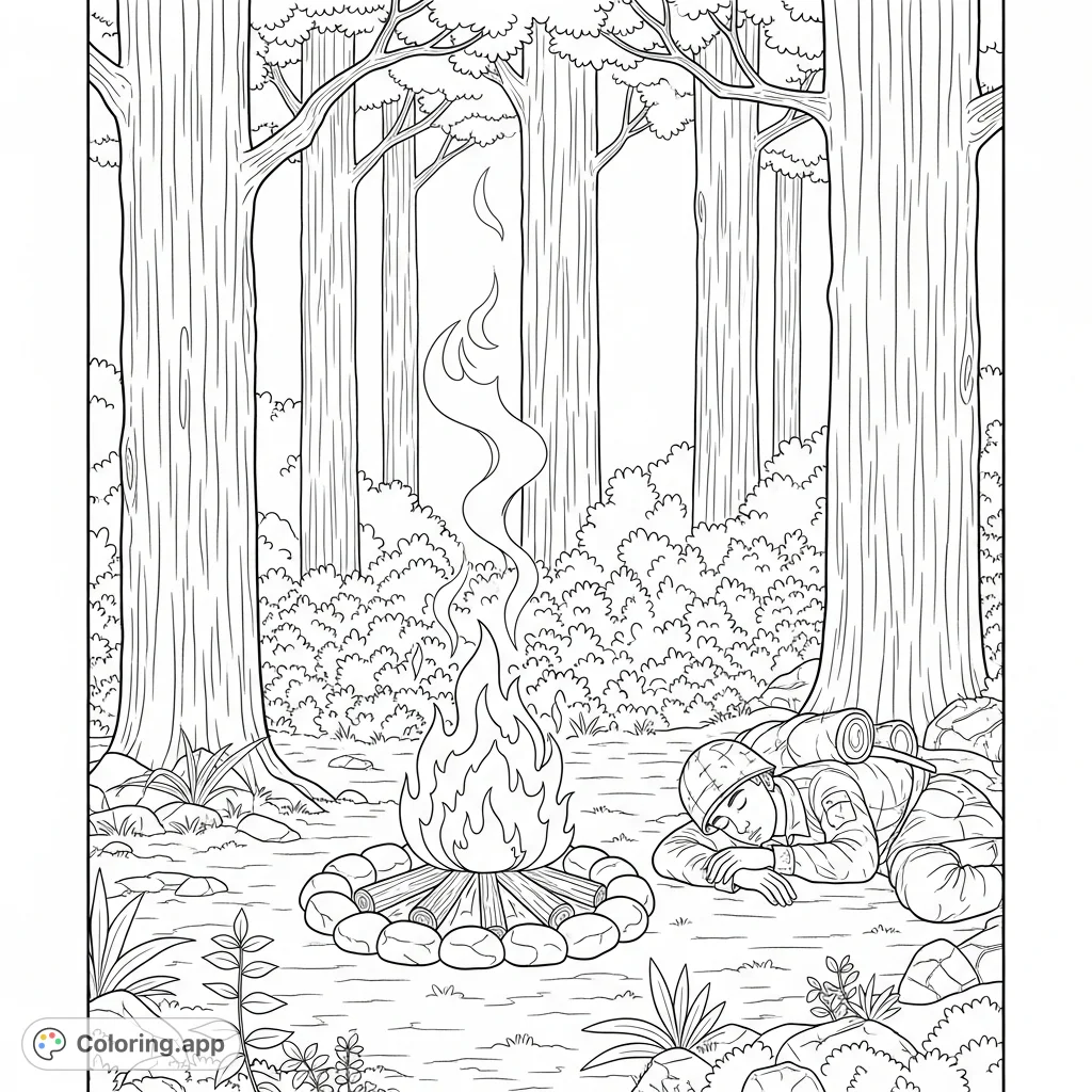 Discover a tranquil soldier dreaming coloring page, featuring a soldier resting by a campfire in a forest. A reflective, free printable coloring page.