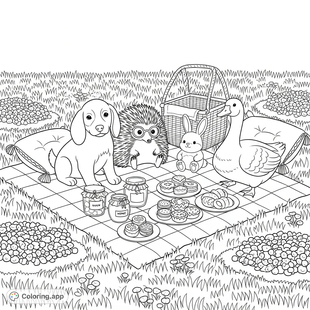 A delightful cozy picnic scene featuring a cute puppy, an echidna with glasses, a bunny, and a goose on a checkered blanket with treats.