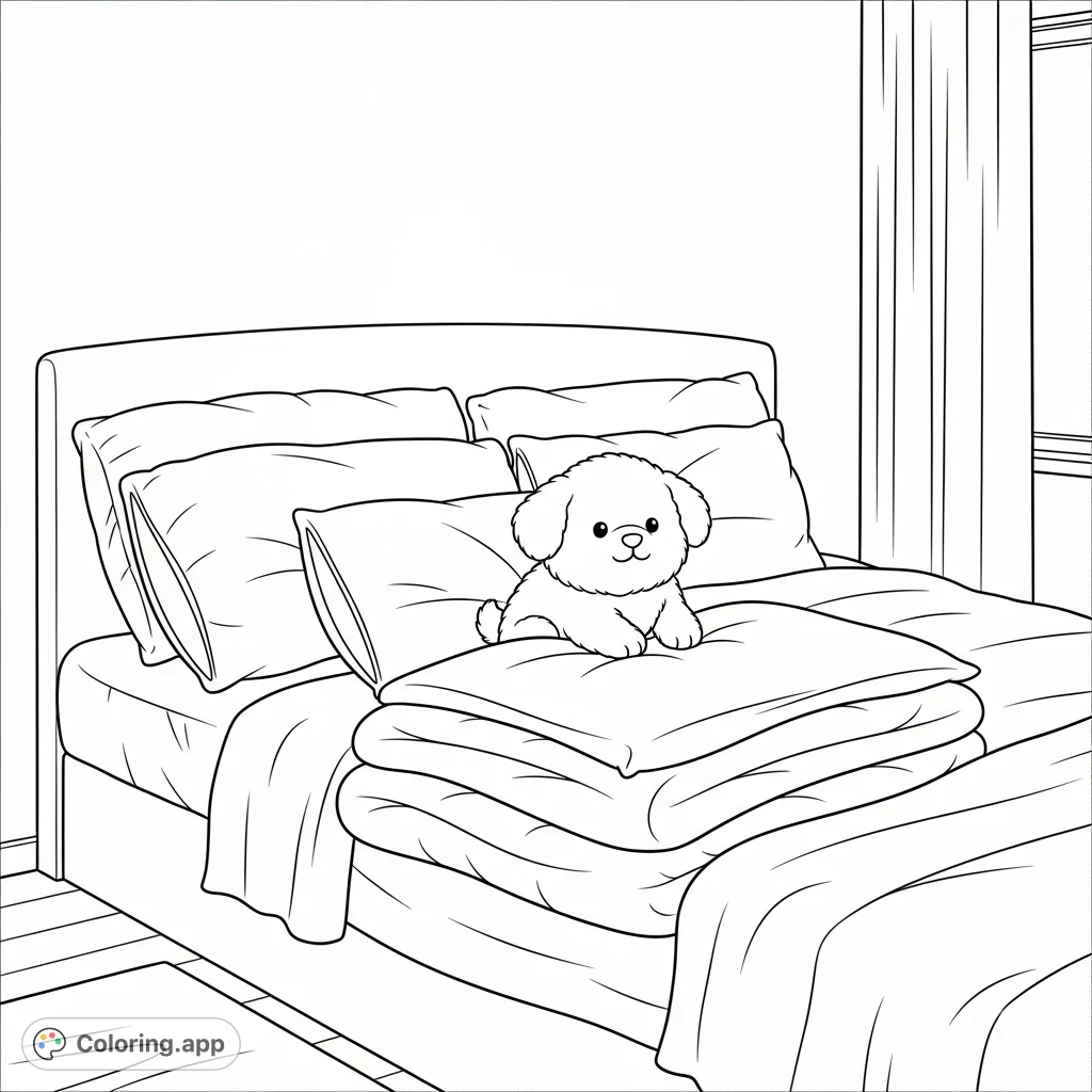 A charming coloring page featuring a cute, fluffy puppy nestled on a soft bed with abundant pillows and blankets, creating a perfectly cozy bedroom scene.