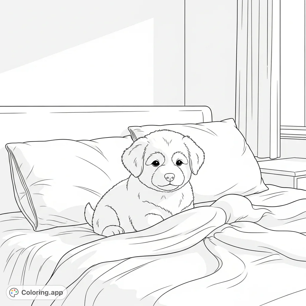 A sweet, fluffy puppy rests on a soft bed in a cozy bedroom with layered blankets and pillows, inviting a serene and relaxing coloring experience.