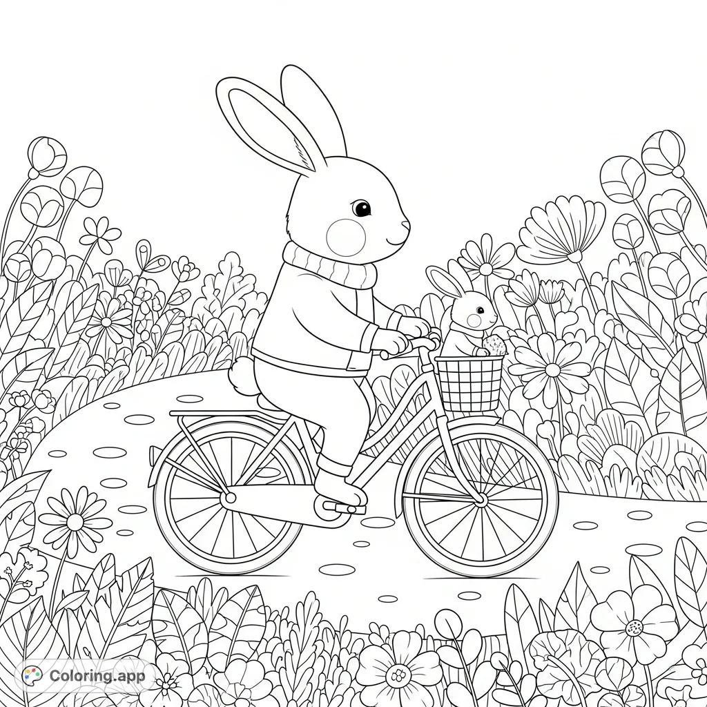 Hop into a delightful scene of a big rabbit and a baby rabbit on a cozy bicycle ride, surrounded by cheerful flowers and lush plants along a winding path.