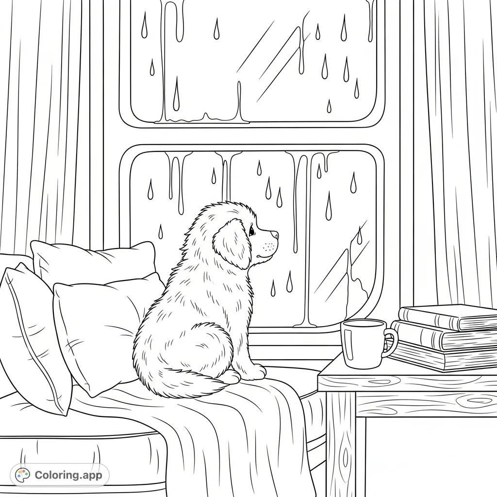 A charming free printable cozy window scene coloring page featuring a fluffy puppy watching raindrops, surrounded by soft cushions, a thick blanket, books, and a mug. Perfect for relaxation!