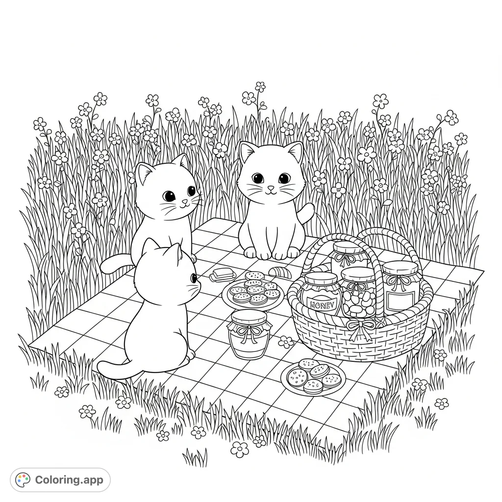 A delightful scene featuring three cute cats enjoying a picnic on a checkered blanket, surrounded by honey jars, snacks, and a field of grass and flowers.