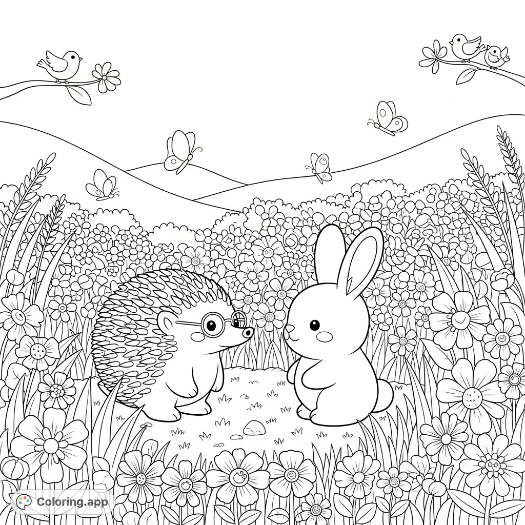 Discover a charming flower meadow coloring page featuring a cute echidna in glasses chatting with a soft bunny amidst layered flowers, grass, and butterflies.