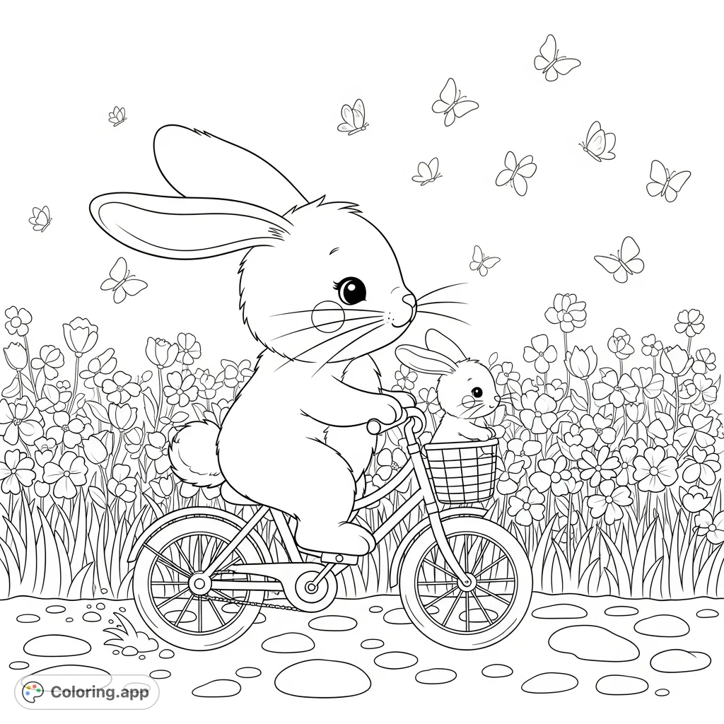A large, fluffy bunny pedals a charming bicycle, carrying a tiny baby bunny in its basket. They journey along a rocky path towards a vibrant flower field, amidst fluttering butterflies.
