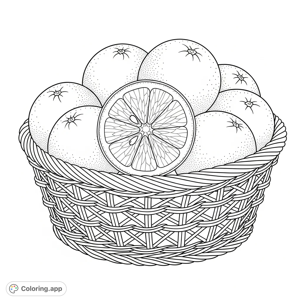 A delightful fruit basket with whole oranges and a detailed orange slice, set in a woven wicker basket. Perfect for fruit-themed coloring fun.