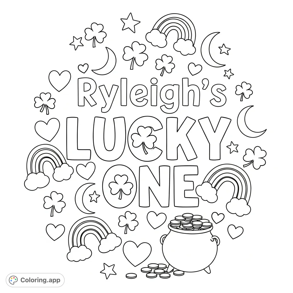Celebrate St. Patrick's Day with "Ryleigh's Lucky One" amidst whimsical shamrocks, stars, moons, hearts, and rainbows, plus a pot of coins.