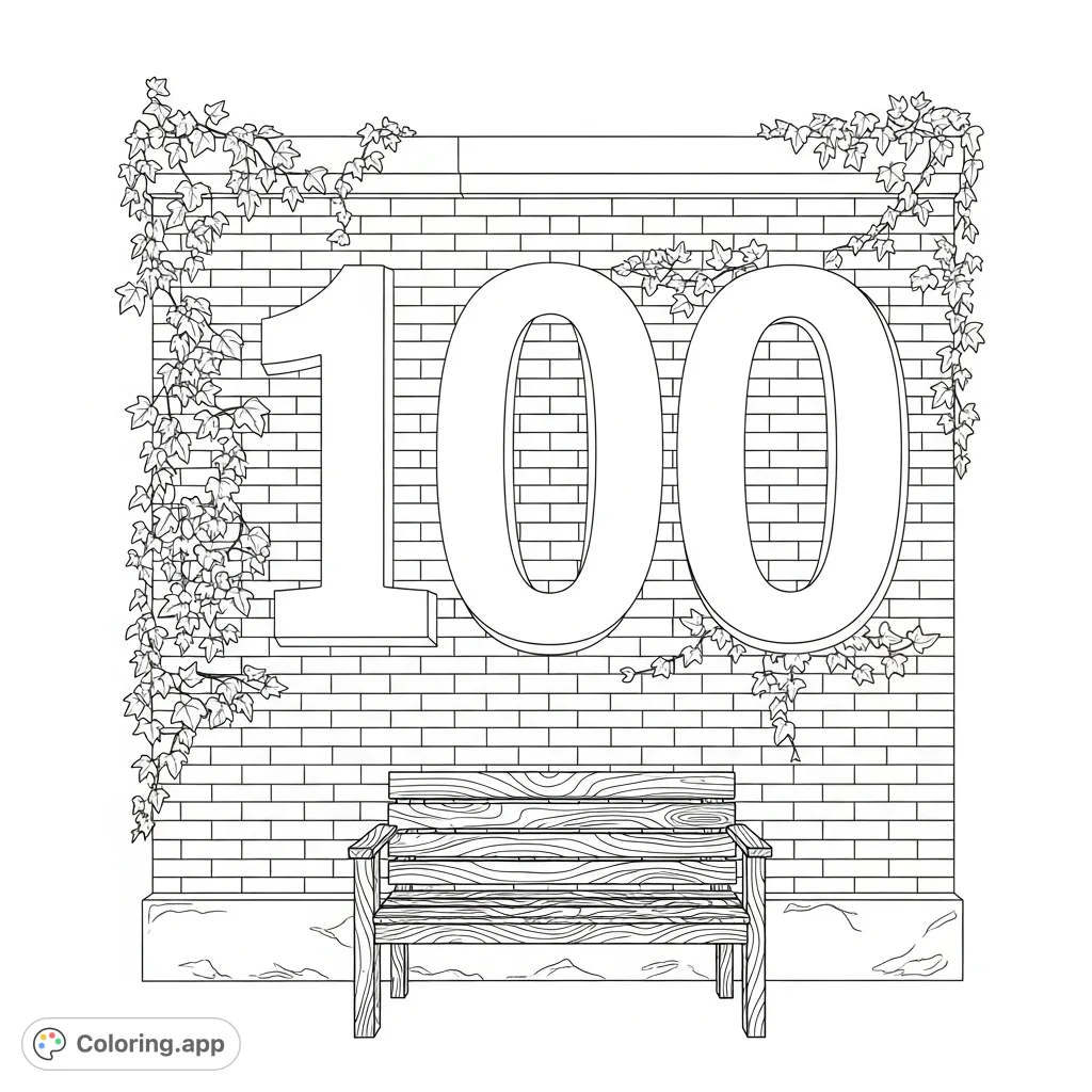 A prominent number "100" adorns an old brick building, framed by ivy, with a weathered wooden bench nearby. An architectural urban scene ready for your creative touch.