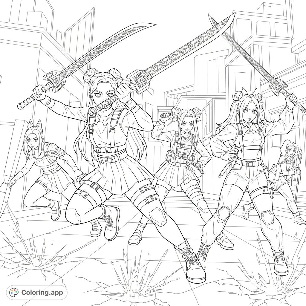 Unleash your creativity on this K-pop demon hunter girls coloring page, featuring dynamic poses, futuristic gear, and a mystical urban setting.