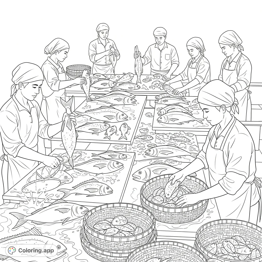 Dive into a detailed fish market scene! Individuals meticulously clean and sort a diverse catch, from large to small, preparing them for sale.