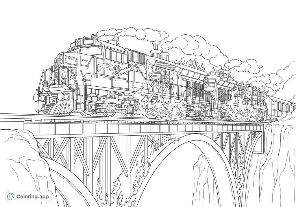 An infernal diesel train, wreathed in flames, thunders across a tall, burning bridge over a chasm, smoke billowing into the sky. A dramatic, fiery scene.
