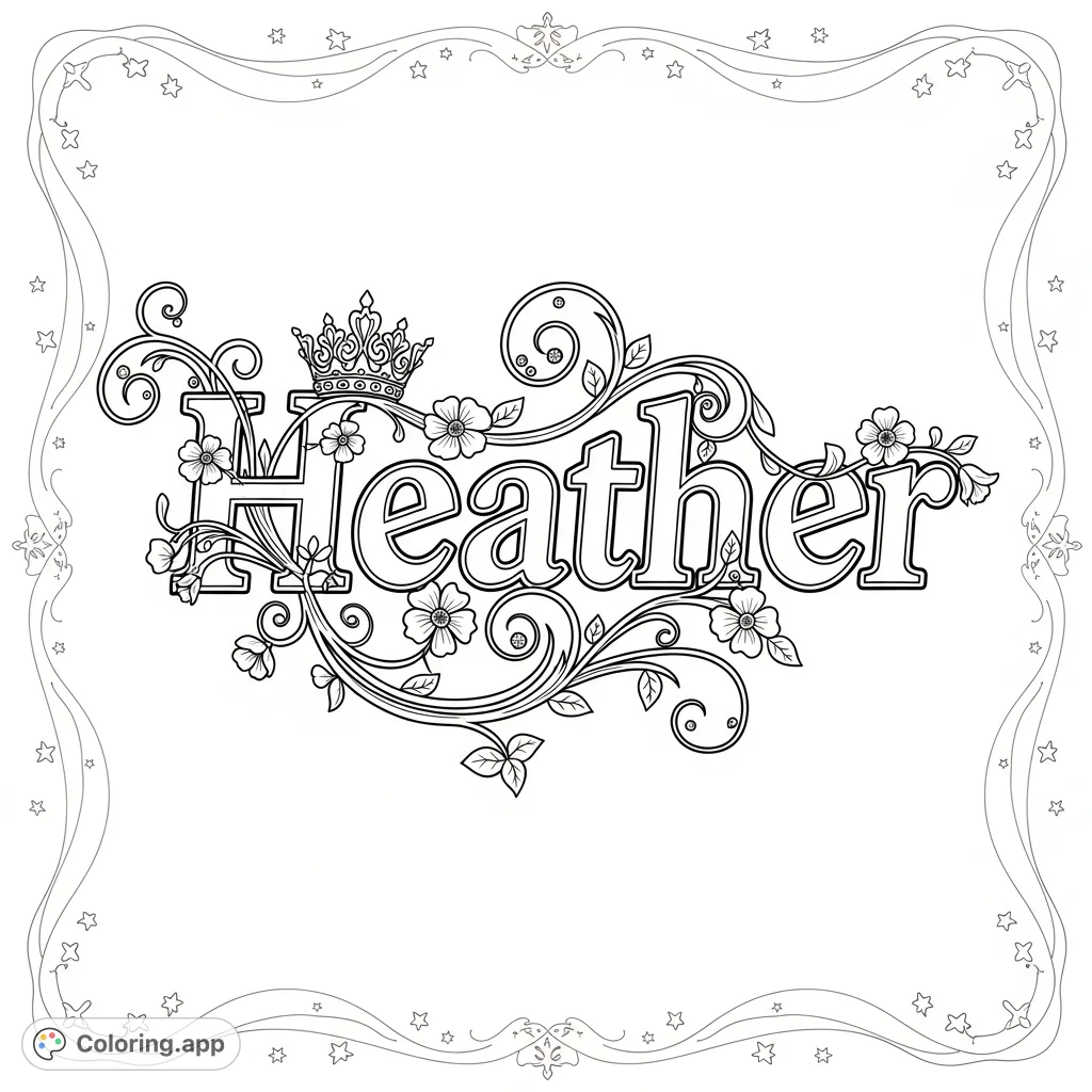 A beautiful "Heather" name coloring page featuring elegant script, swirling vines, delicate blossoms, and a charming crown, perfect for personalization.