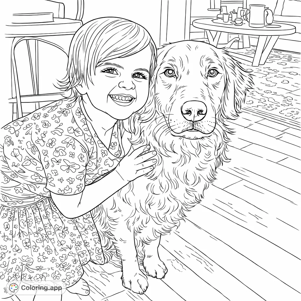 A heartwarming scene of a smiling young girl embracing her loyal dog. This charming page captures the joy of friendship, perfect for all animal lovers.