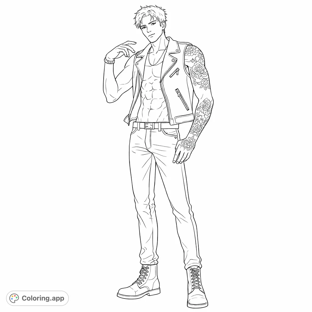 Color this stylish character featuring intricate tattoos, an open vest, and a confident pose. Perfect for expressive character art.