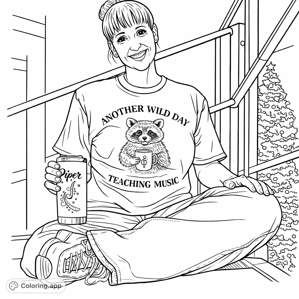 Relaxing scene of a person with a raccoon coffee shirt, holding a mug. A decorated tree and staircase in the background add a cozy touch.