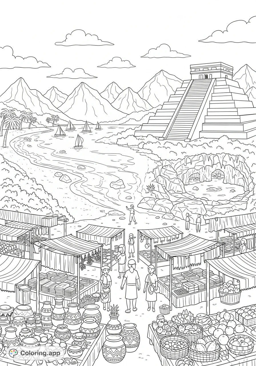 A captivating coloring page showcasing Mexico's diverse beauty, featuring ancient pyramids, serene beaches, vibrant markets, mystical cenotes, and majestic mountains.