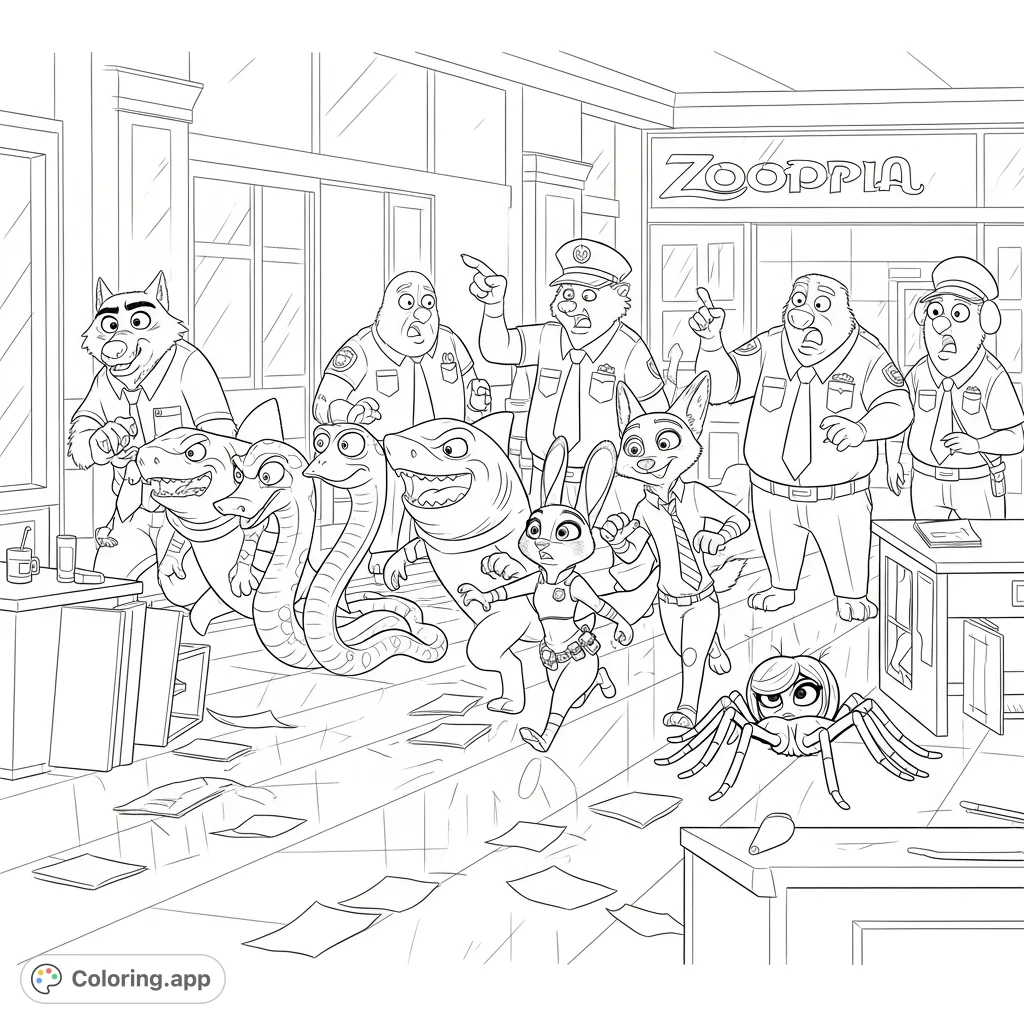 Join Mr. Wolf and his crew in a wild Zootopia HQ escape, pursued by Judy Hopps and Nick Wilde amidst overturned desks and scattered papers.