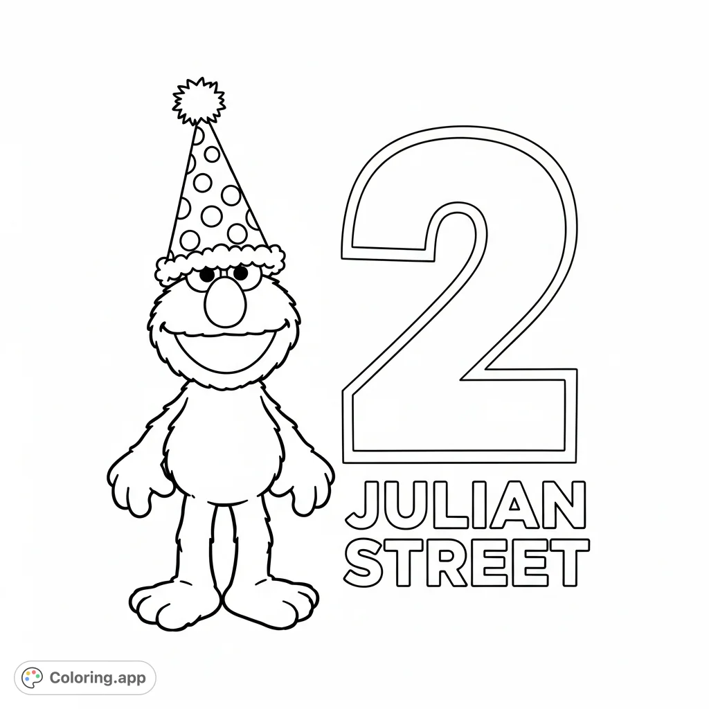 A cheerful Elmo in a party hat stands next to a large '2', with 'Julian street' text below. This Elmo coloring page is perfect for young fans!