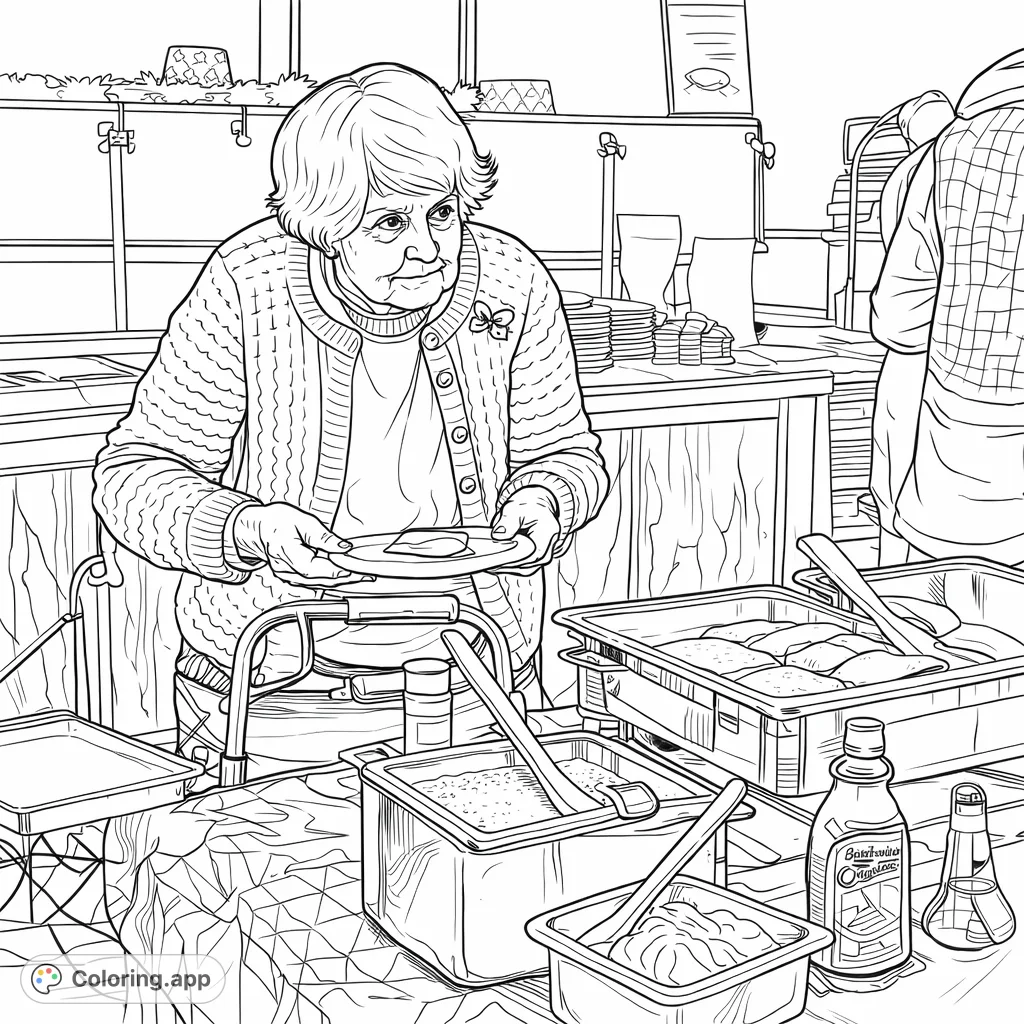 Capture a heartwarming community buffet scene with an elderly woman enjoying her meal. A warm, inviting setting perfect for relaxation and creativity.