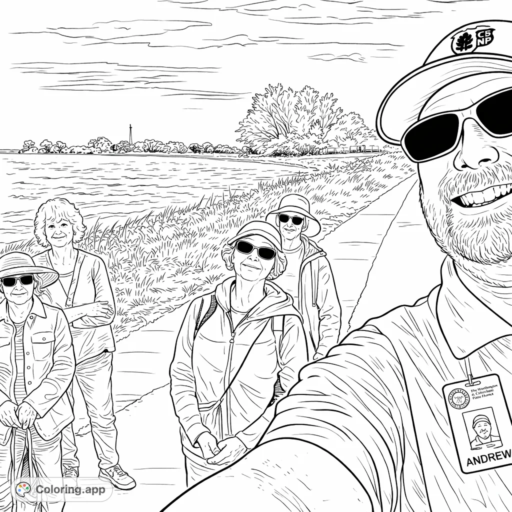 Capture a cheerful group enjoying a lakeside stroll. This detailed coloring page features five individuals, a scenic path, and a rippling lake under an open sky.