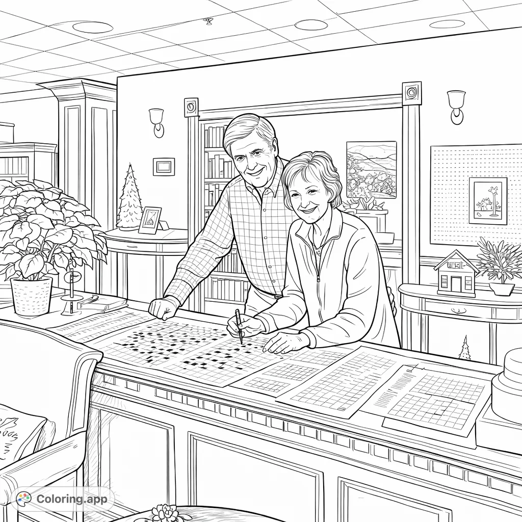 A cheerful senior couple engages in a fun puzzle activity at a community center. Perfect for relaxation and detail coloring, featuring a warm, inviting scene.