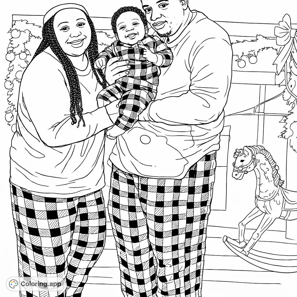 Capture the warmth of a family moment with this cozy family portrait coloring page. Features parents and their baby in patterned attire, perfect for festive coloring.