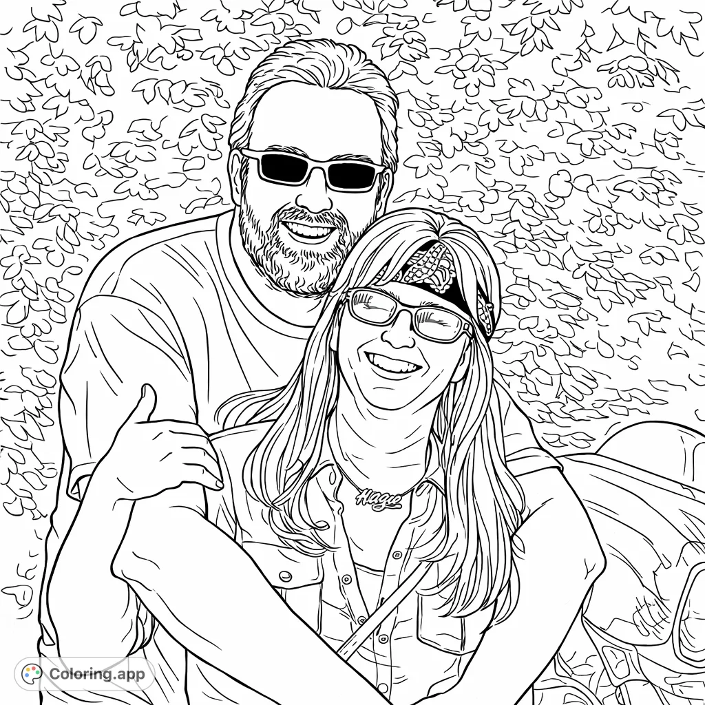 Capture the joy of a smiling couple embracing, with a unique bandana and a sleek vehicle element, set against a leafy backdrop. Perfect for personalizing!