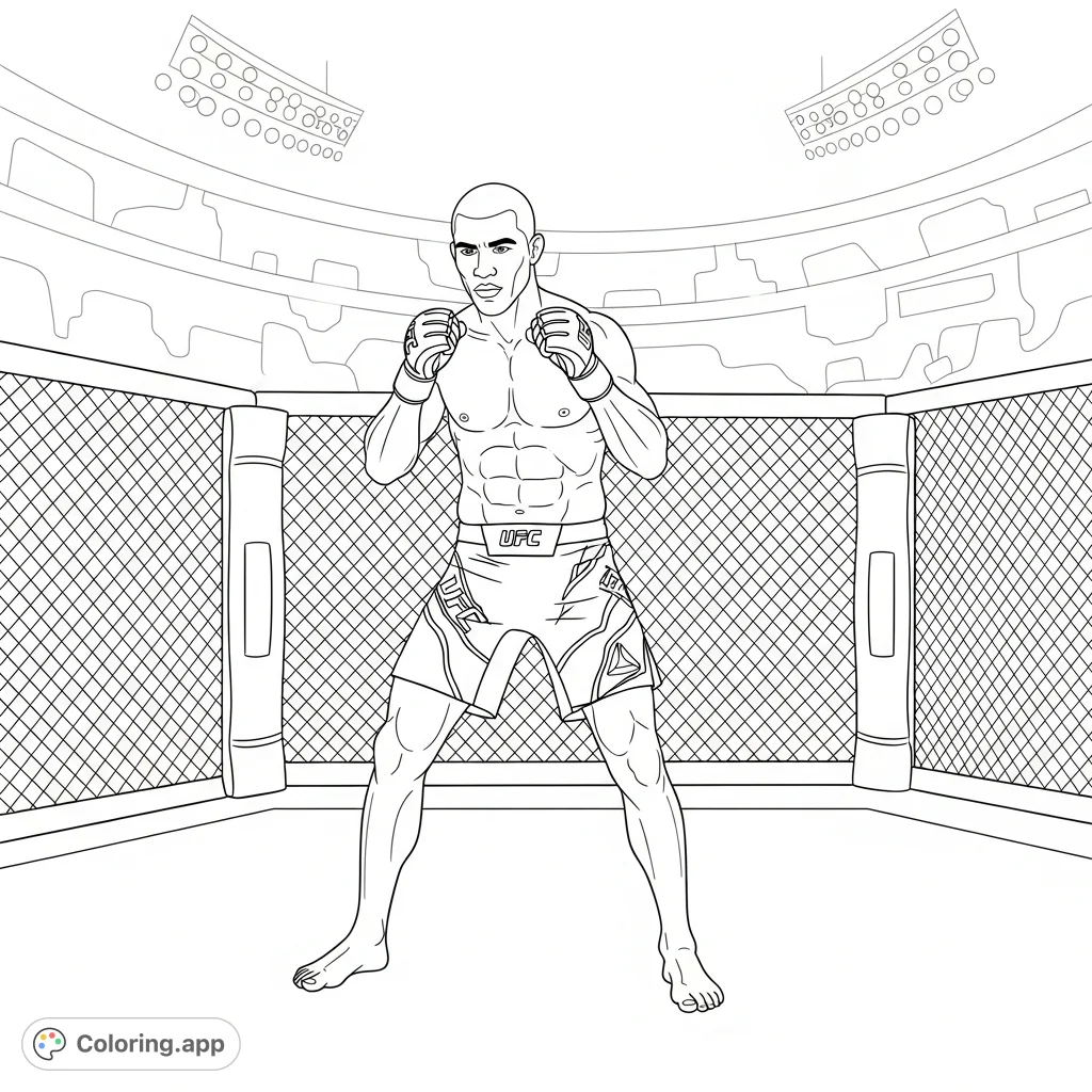 A powerful Charles Olivera coloring page, showing the renowned MMA fighter in a dynamic stance within an octagon. Perfect for fans to color!