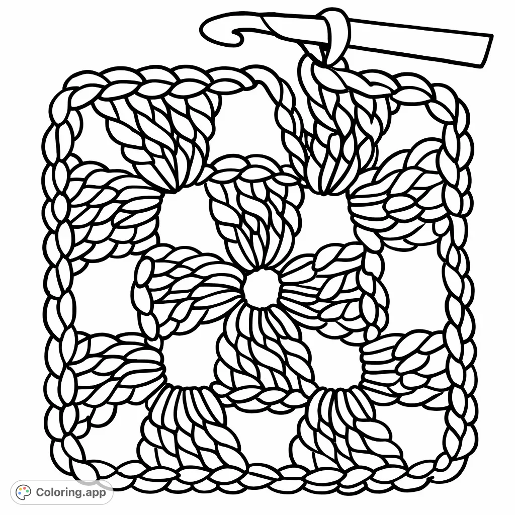 Dive into the playful world of crochet with this whimsical granny square coloring page. Perfect for crafters and pattern enthusiasts of all ages.
