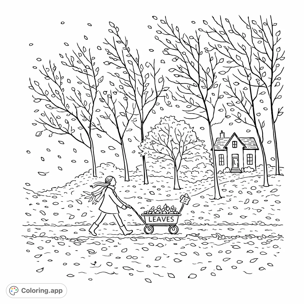 Experience a whimsical autumn scene with a figure pulling a wagon of apples, windswept trees, and a cozy house under falling flakes. Perfect for fall enthusiasts!