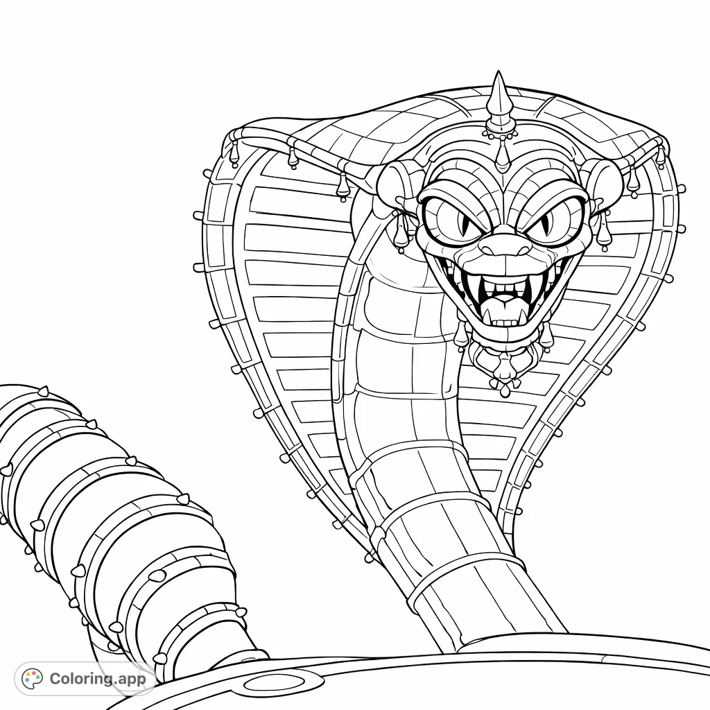 An intricate cobra character with a mechanical hood, sharp features, and detailed body segments. A fantasy design perfect for creative coloring.