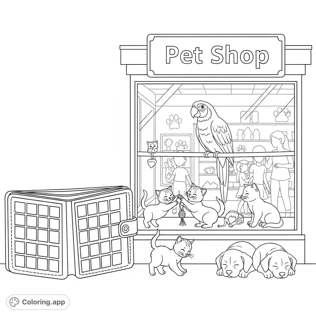 Discover a bustling pet shop with a window full of adorable kittens, puppies, and a parrot, plus a unique giant wallet element. A delightful pet shop coloring page!