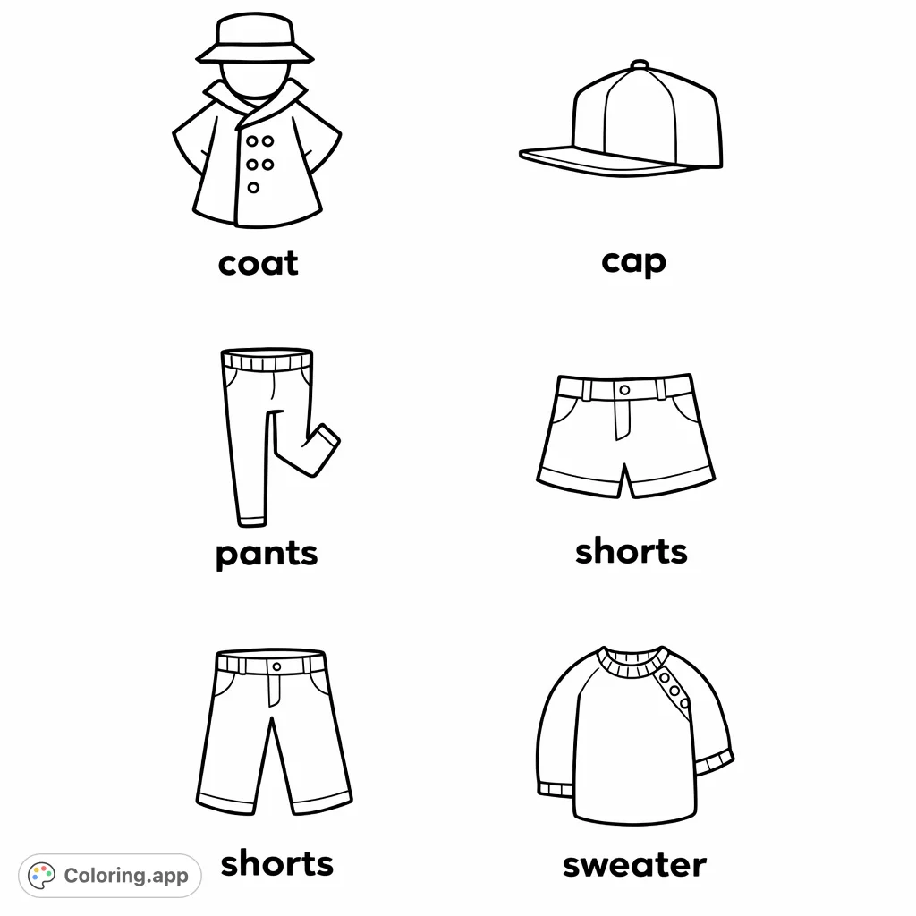 Discover common clothing items perfect for all seasons. This simple, fun page helps kids learn apparel names while encouraging creative coloring and imaginative outfit design.