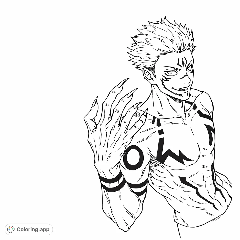 Unleash your creativity with this anime character coloring page, featuring a formidable figure with intricate markings and sharp details. Perfect for manga fans!