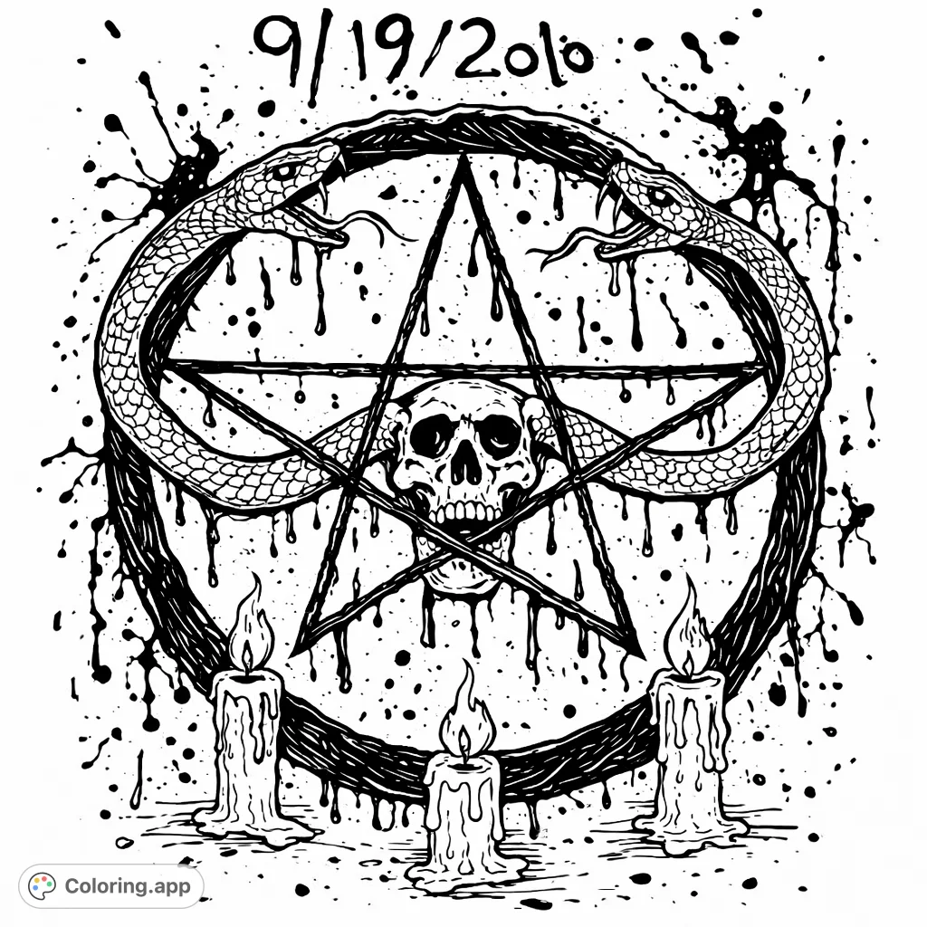 An inverted pentagram with a skull-like face at its core, encased in a circle, offers a creepy dark arts coloring page experience for adults.