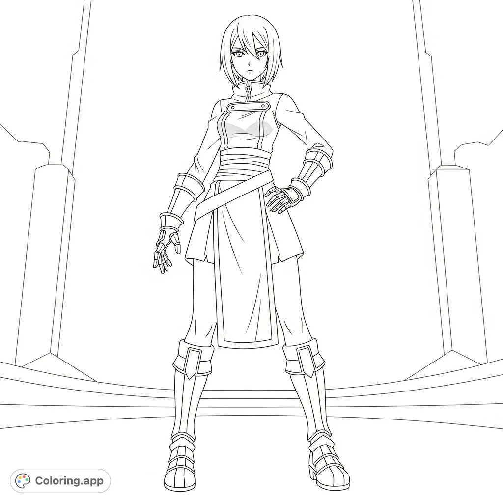 Unleash your creativity with this Hazbin Hotel Lute coloring page, featuring her iconic Exorcist uniform and imposing armored elements.