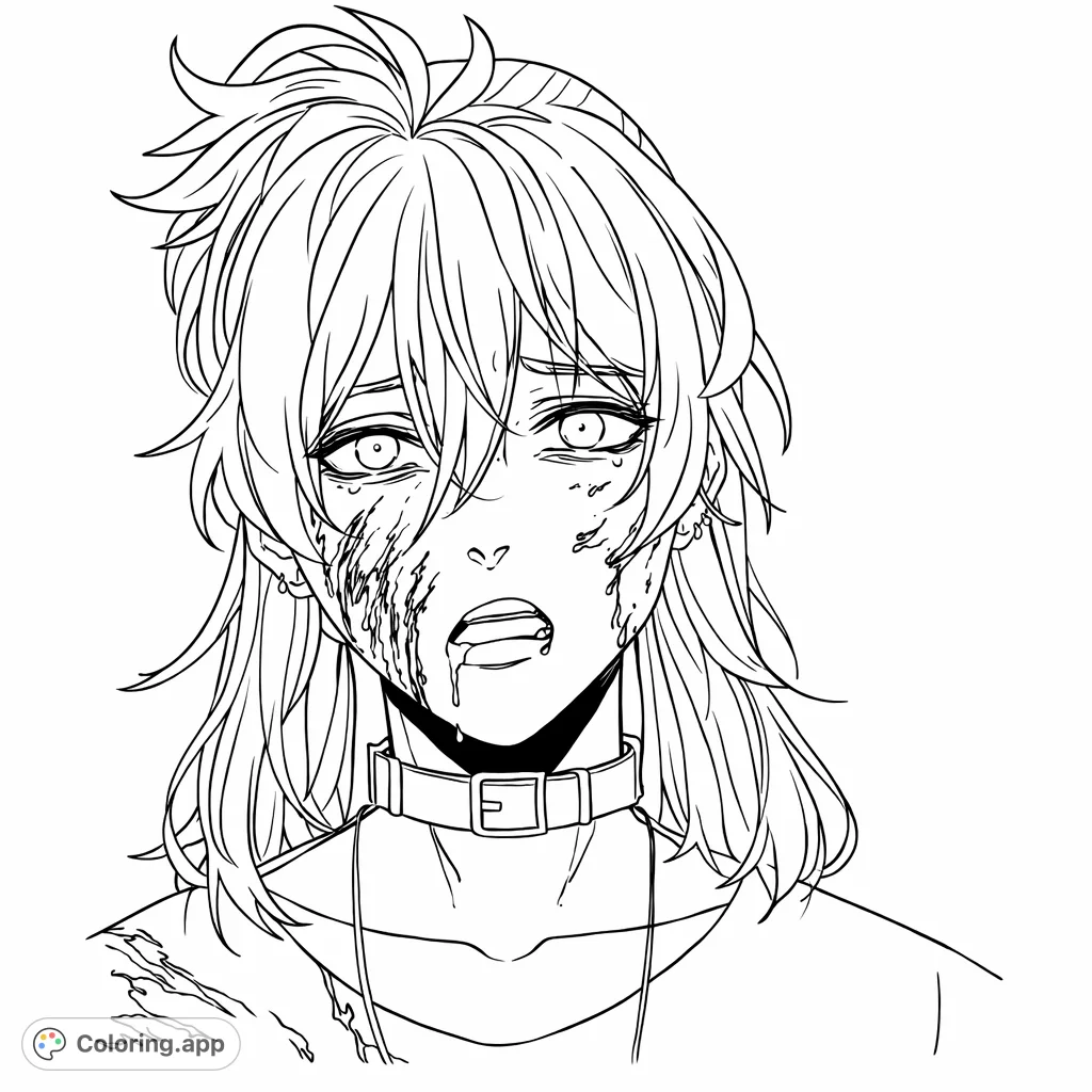 An intense, detailed portrait of an individual with textured hair, a choker, and facial markings. A captivating edgy character ready for your creative touch.
