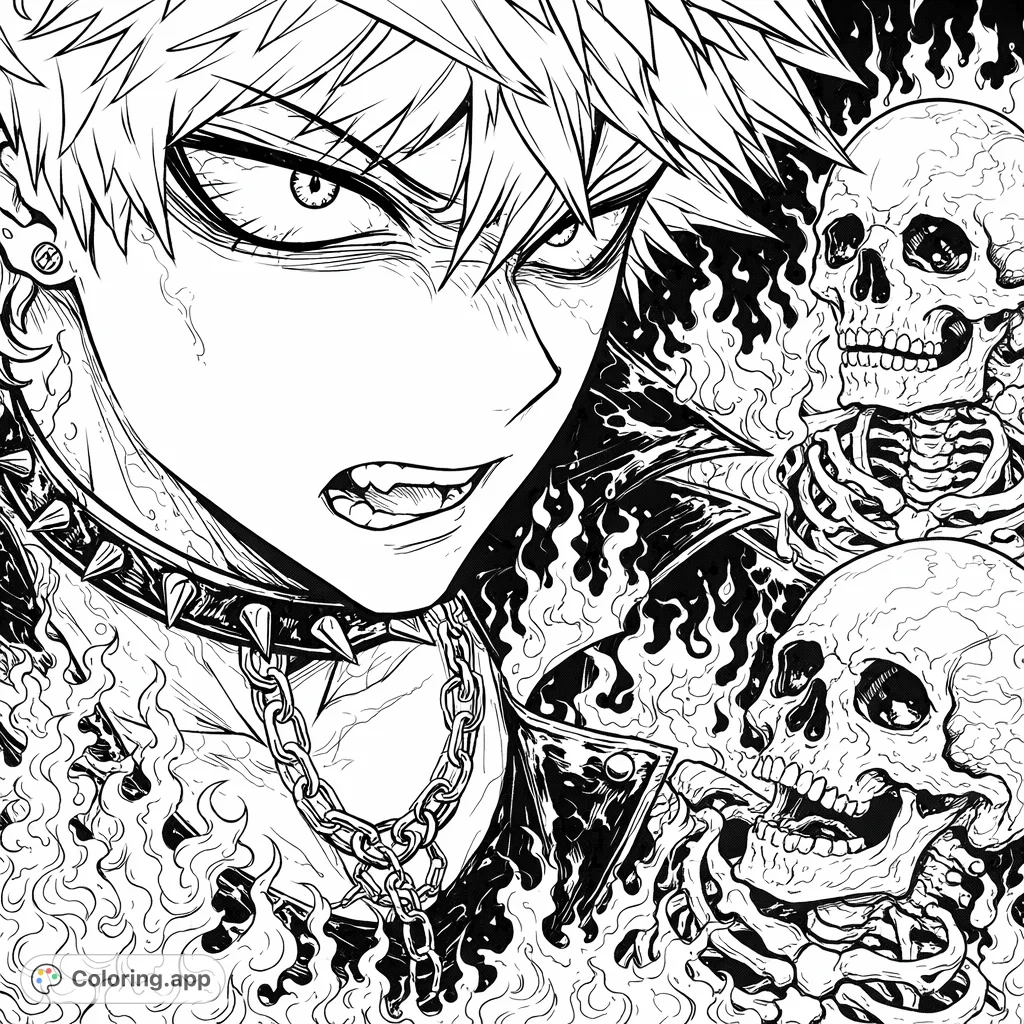 Capture the intense expression of a gothic anime character. Highly detailed scene with fire, skeletons, and a dark aesthetic.