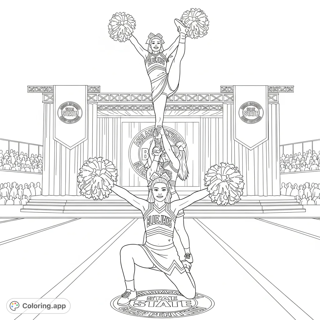 Cheerleaders from Ashland-Greenwood Bluejays in a dynamic stunt at the Nebraska State Cheer Competition, perfect for young fans to color.