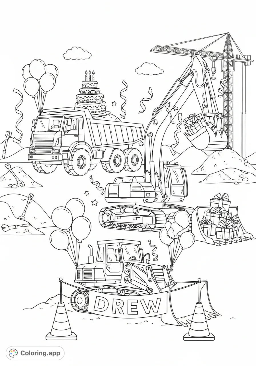 Celebrate Drew's birthday with a fleet of construction trucks transformed into a festive party scene, complete with cake, gifts, balloons, and streamers!