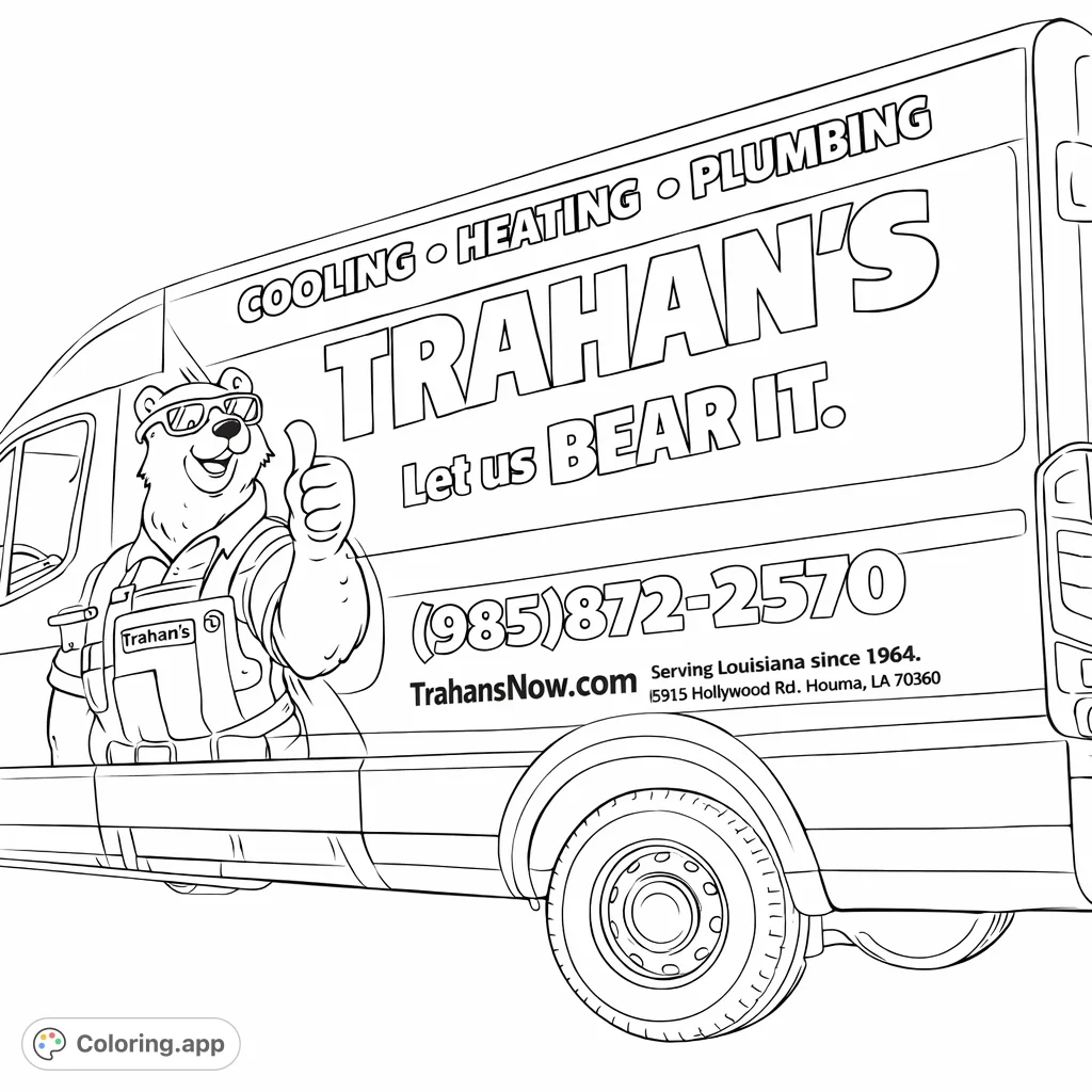 A fun service van featuring a cool bear mascot giving a thumbs-up. Perfect for kids and adults to color, showcasing a playful vehicle design.
