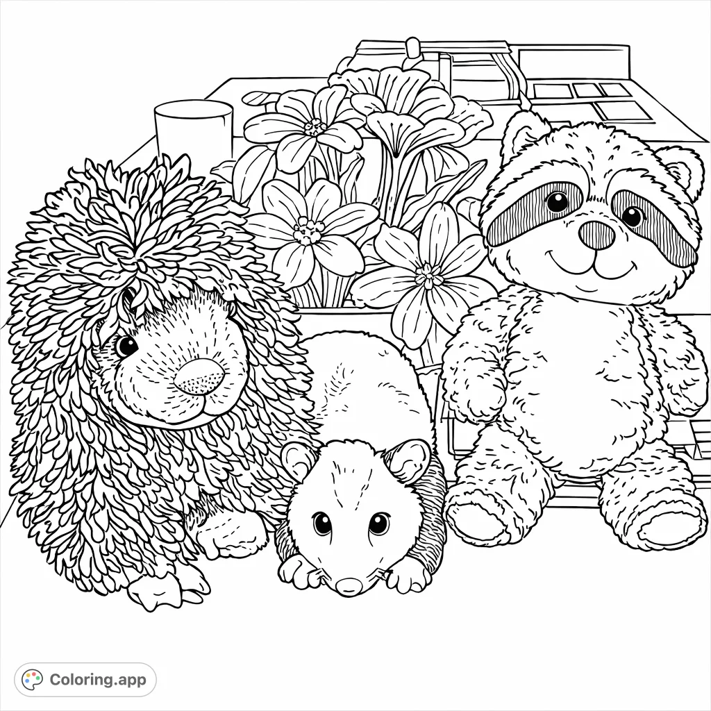 An adorable woodland pals coloring page featuring a fluffy hedgehog-like creature, a cute opossum, and a smiling raccoon plush, surrounded by craft flowers.