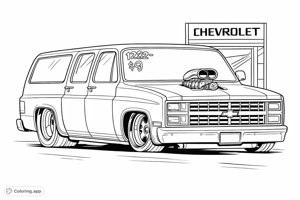 Experience the thrill of custom drag racing with this detailed coloring page of a powerful utility vehicle, featuring unique modifications and a race track setting.