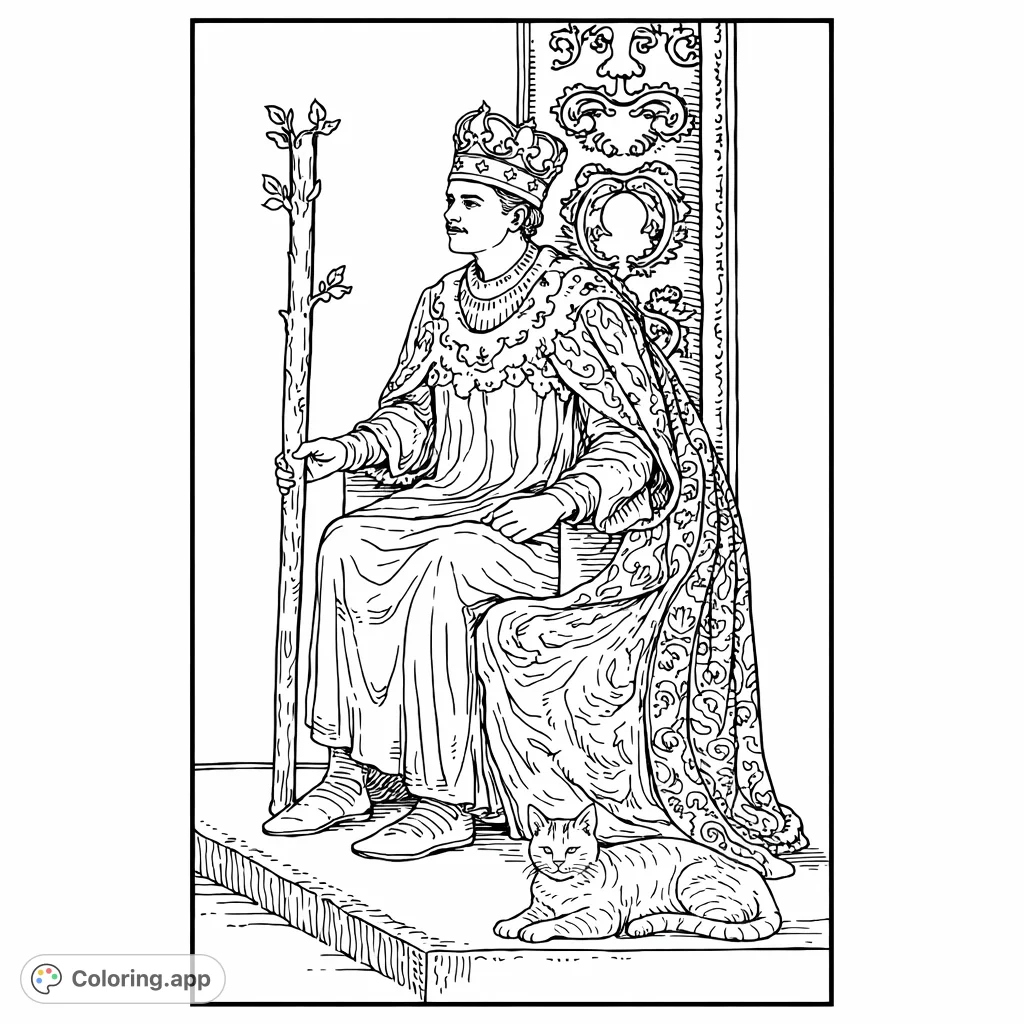 Discover a majestic queen enthroned, holding a staff, accompanied by her feline companion. Intricate patterns and a grand setting await your creative touch in this royal coloring page.