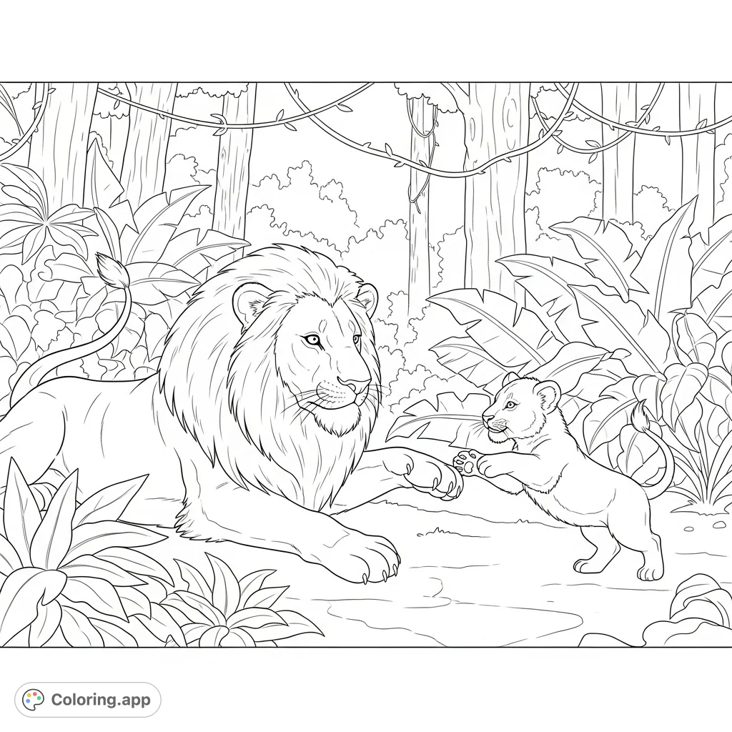 A heartwarming lion and cub coloring page. Watch a playful parent and cub in a jungle, ideal for any animal enthusiast.