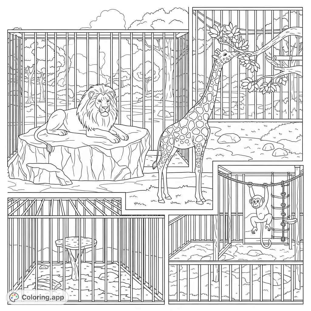 Explore a captivating zoo animal coloring page featuring a majestic lion, a tall giraffe, and a playful monkey in their distinct enclosures.